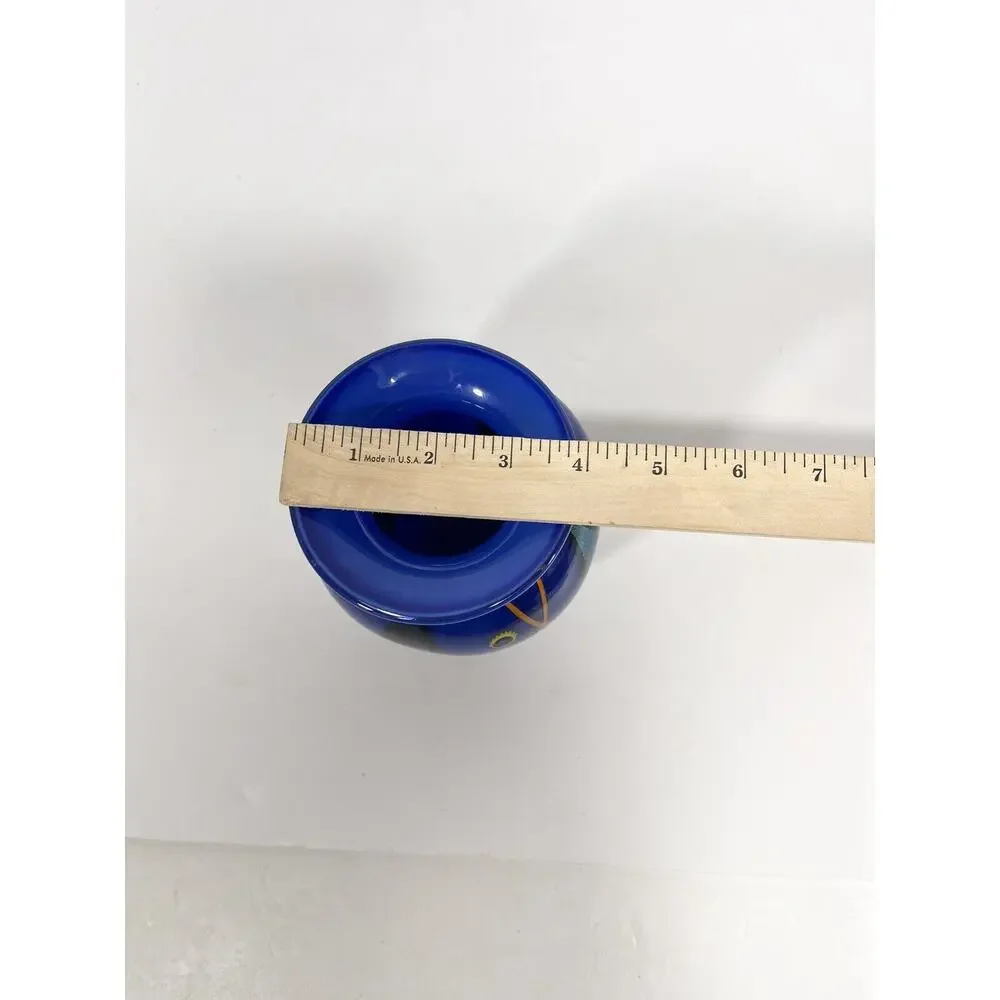 KEN & INGRID HANSON Signed Hand‎ Blown Cobalt Blue Art Glass Hand Painted Vase